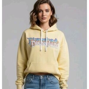 VINTAGE Y2K Disneyland Resort Yellow Hoodie Sweatshirt Retro Graphic SZ:L